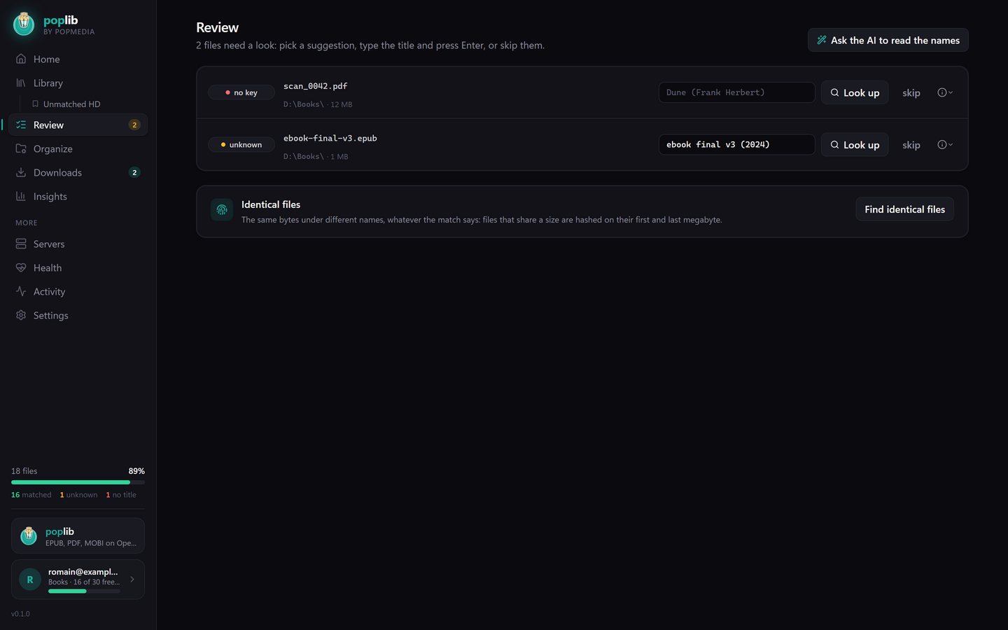 PopLib, the review screen